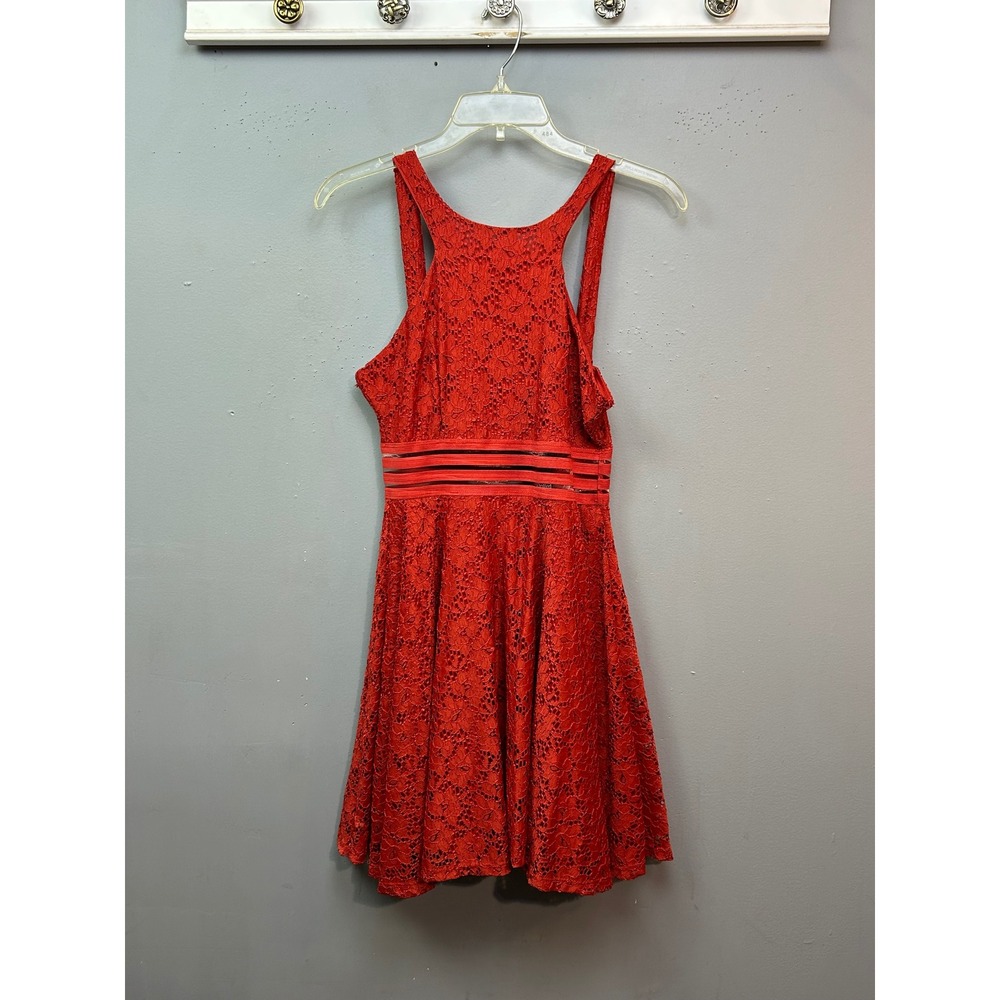 Dotted Dress Women Small Red Orange Floral Lace Fit and Flare Racerback Mini NEW